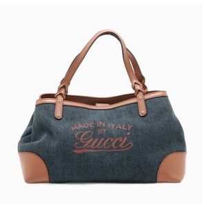 GUCCI Craft Logo Navy Denim & Tan Leather Tote Bag